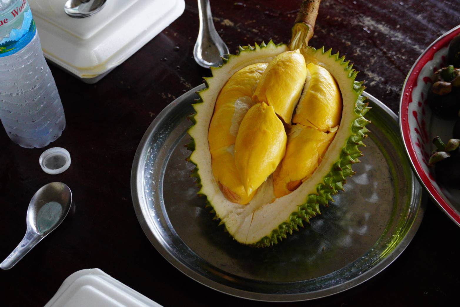 Close-up of a freshly opened ripe durian
